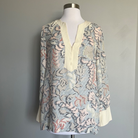 Tory Burch Silk Leaves Floral Sea corals Mosaic Print Dotted Blouse Tunic Top 4 - Picture 2 of 11